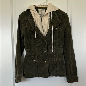 For Joseph Olive Green Corduroy Jacket with Faux Cream Hoodie Details